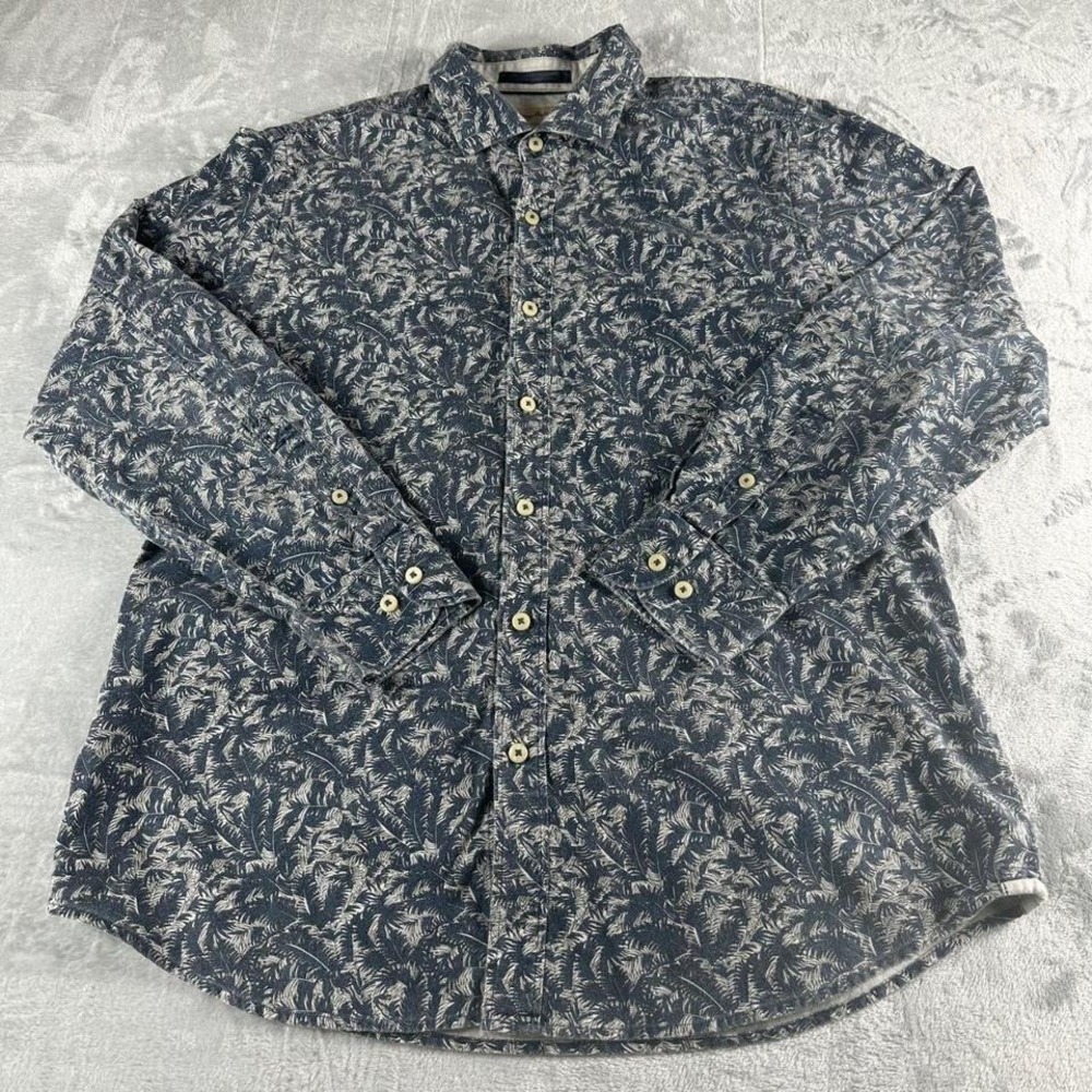 Tommy Bahama Button Down Shirt Mens Medium Blue Island Modern Fit Palm Frond AOP